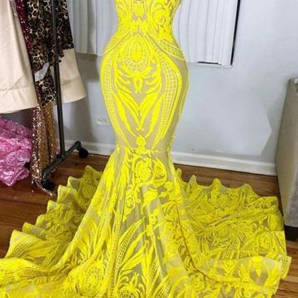 Yellow Prom Dresses, V Neck Prom Dresses, Lace..