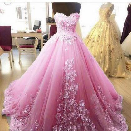 Pink Prom Dresses, Flowers Prom Dresses, Tulle..