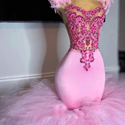 Luxury Pink Mermaid Prom Dresses For Black Girls..