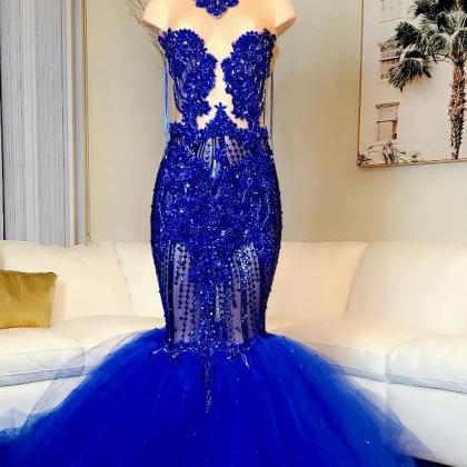 2023 Arabic Aso Ebi Royal Blue Prom Dresses Beaded..