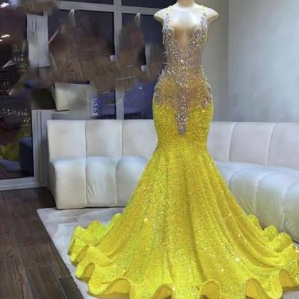 Yellow Prom Dresses, Sparkly Evening Dresses, Sexy..