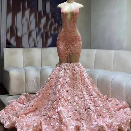 Pink Prom Dresses, Mermaid Prom Dresses, Sheer..