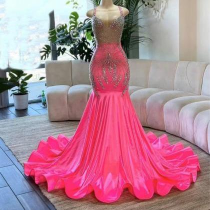 Pink Prom Dresses, Crystal Prom Dresses, Sexy Prom..