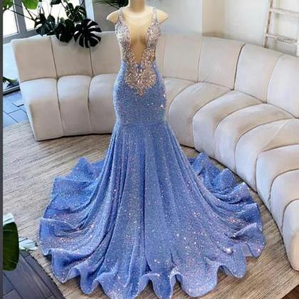 Blue Prom Dresses, Crystal Prom Dresses, Beaded..