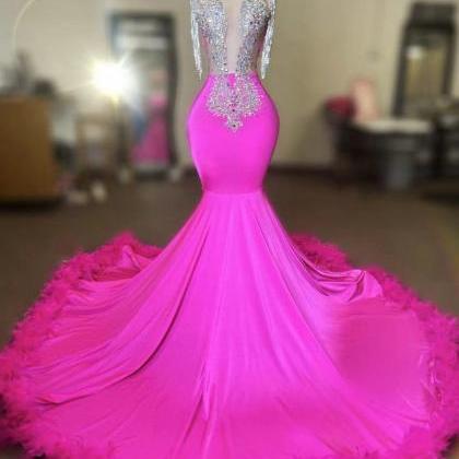 Pink Prom Dresses, Feather Prom Dresses, Mermaid..