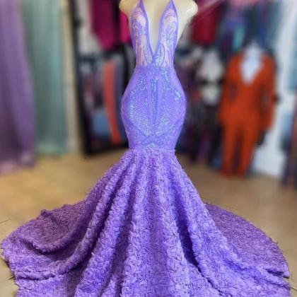 Purple Prom Dresses, Flowers Prom Dresses, Purple..