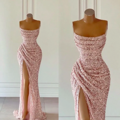 Rose Gold Pink Sequins Prom Dresses Sexy Mermaid..