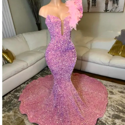 Arabic Aso Ebi Pink Mermaid Prom Dresses Gilter..