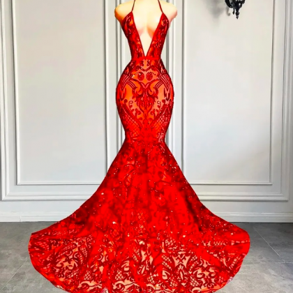 Sexy Halter Red Trumpet Prom Dresses Glitter..