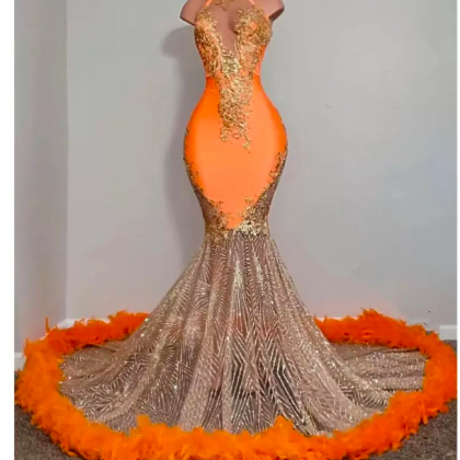 Black Girls Orange Mermaid Prom Dresses 2023 Satin..