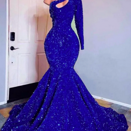 One Shoulder Mermaid Prom Dresses With Sweep Train..