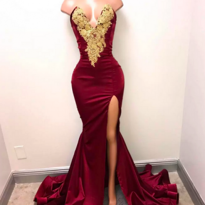 Burgundy Mermaid Prom Dress Lace Appliques Sexy..