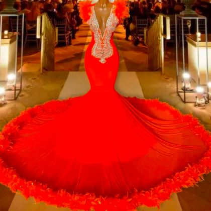 Pop Orange Prom Dress With Feathers 2023 Black..