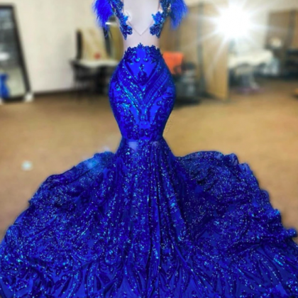 Sparkly Royal Blue Sequins Illusion Mermaid Prom..