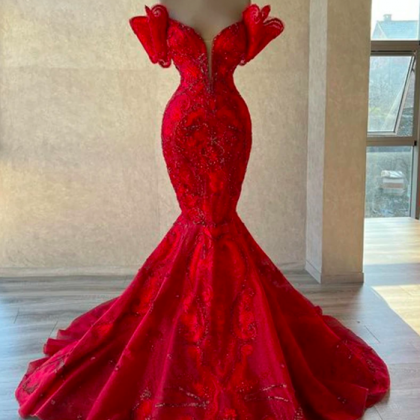 Elegant Red Mermaid Evening Dress Off Shoulder..