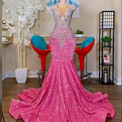 Sexy Sparkly Pink Mermaid Prom Dress 2023 Sheer..