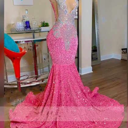 Sexy Sparkly Pink Mermaid Prom Dress 2023 Sheer..