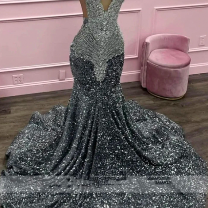 Sexy Silver Sheer O Neck Long Prom Dress For Black..