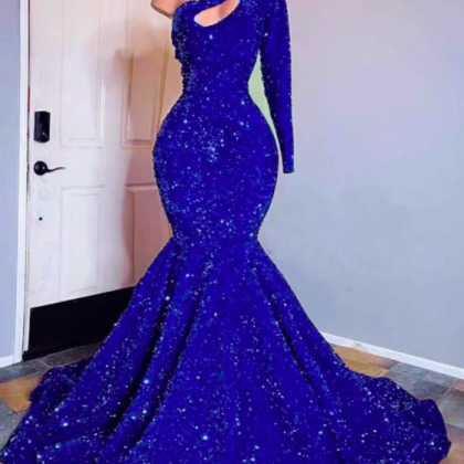 One Shoulder Mermaid Prom Dresses With Sweep Train..