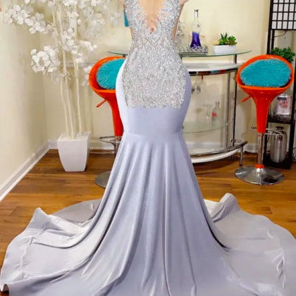 Silver Satin Mermaid Prom Dress 2023 Sheer Neck..
