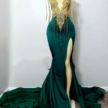 2023 Arabic Aso Ebi Hunter Green Prom Dress..