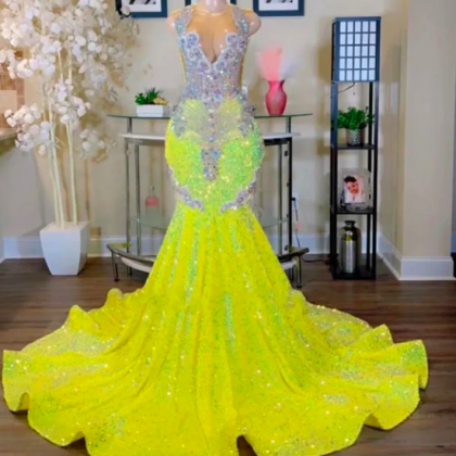 Sparkly Yellow Mermaid Prom Dresses 2023 Sheer..