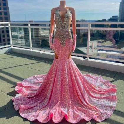 Crystal Prom Dresses, Pink Prom Dresses, Beaded..