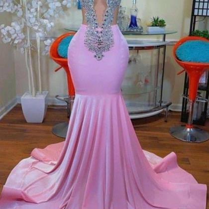 Pink Prom Dresses, Crystal Prom Dresses, Mermaid..