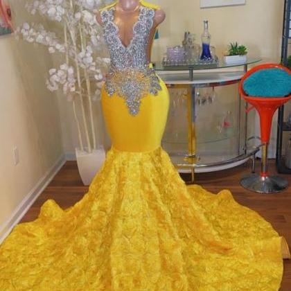Yellow Prom Dresses, Crystal Prom Dresses, Hand..
