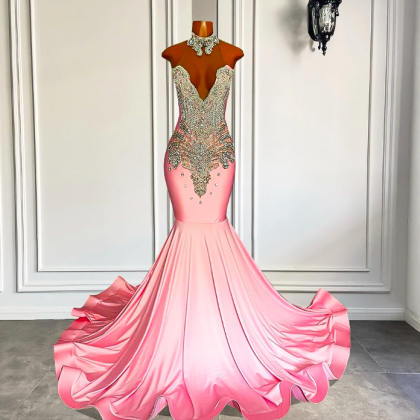 Long Pink Prom Dresses 2023 Sexy Mermaid High Neck..