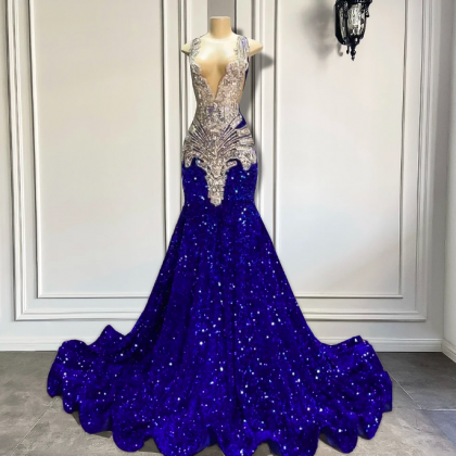 Royal Blue Long Prom Dresses 2023 Sparkly Silver..