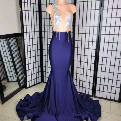 Luxury Blue Mermaid Prom Dress 2023 One-shoulder..