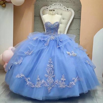 Light Blue Ball Gown Sweet 16 Dress Ruffles Tulle..