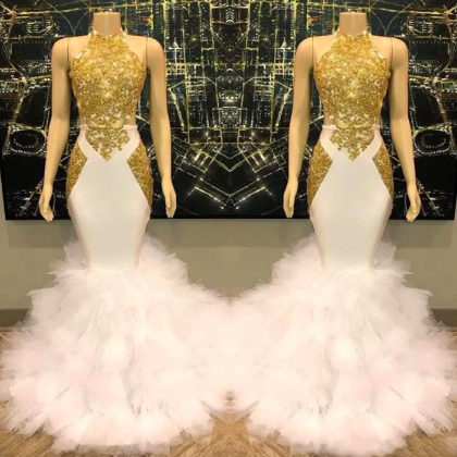 2023 White And Gold Prom Dresses Cascading Tiered..