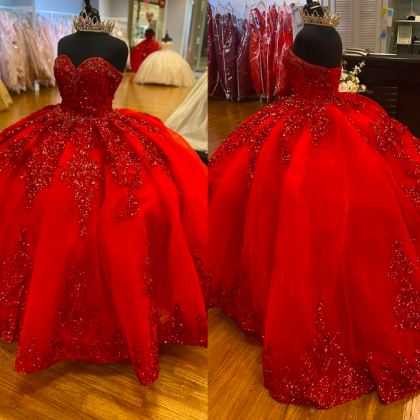 Red Ball Gown Prom Dress Beads Sequins Sweetheart..