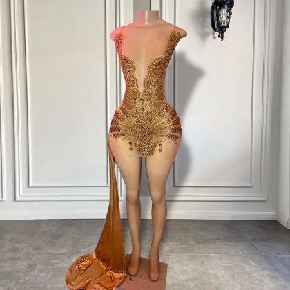 Luxury Gold Short Prom Dresses 2023 Sexy See..