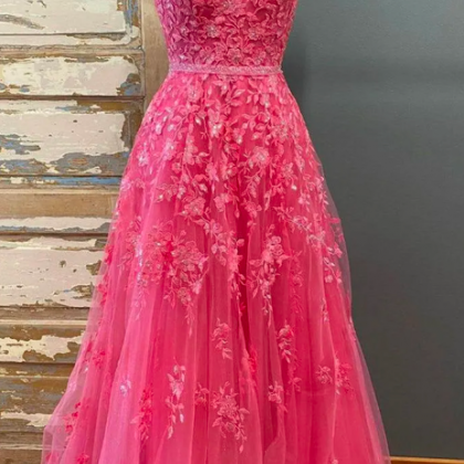 Long Beaded Prom Dress Floor Length Pink V Neck..