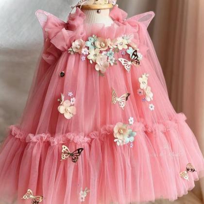 Pink Flower Girls Dresses, Tulle Little Girls..