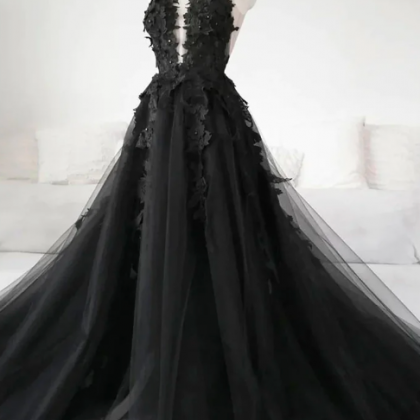 Gothic Black Prom Dresses Sexy Backless High Side..