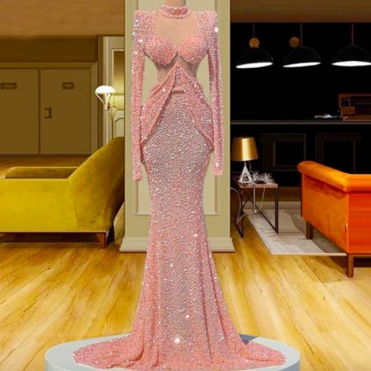 Dubai Pink Luxury Beads Evening Dress 2023 High..