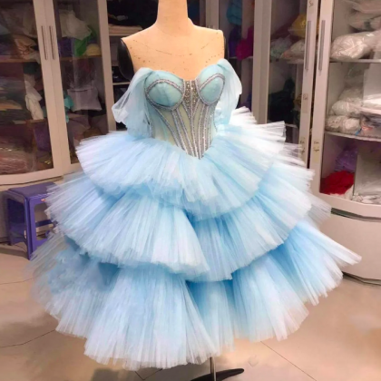 Sky Blue Puffy Tulle Midi Prom Dresses Off..
