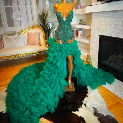 Hunter Green Tulle Ruffles Train Mermaid Prom..