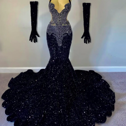 Real Pictures Black Beaded Sequins Prom Dresses..