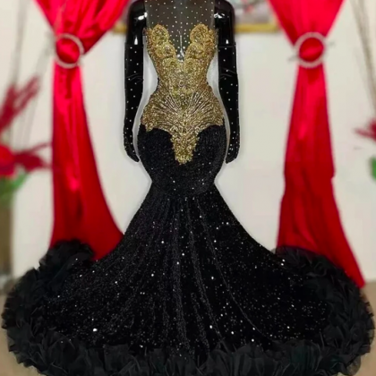 Black Velvet Sequin Gold Rainstones Prom Dresses..