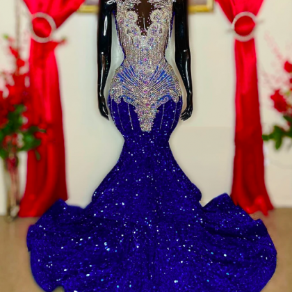 Crystals Tassels Royal Blue Sequin Prom Dresses..