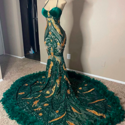 Dark Green And Gold Sequined Lace Feathers Prom..