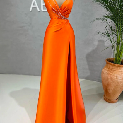Orange Evening Dresses Irregular Neckline Side..