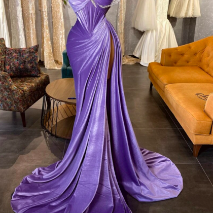 Purple Mermaid Evening Dresses Side Slit Off..