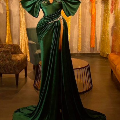 Green Mermaid Formal Evening Dresses Shiny Satin..