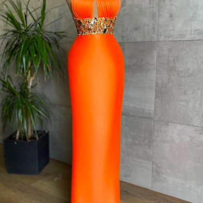 Elegant Orange Evening Dresses Halter Glitter..